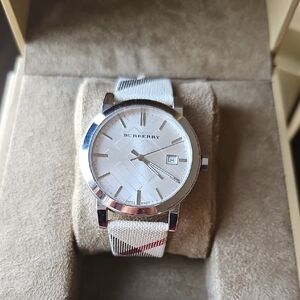 Burberry Silver-Tone Case White Dial Ladies Watch with Check Strap